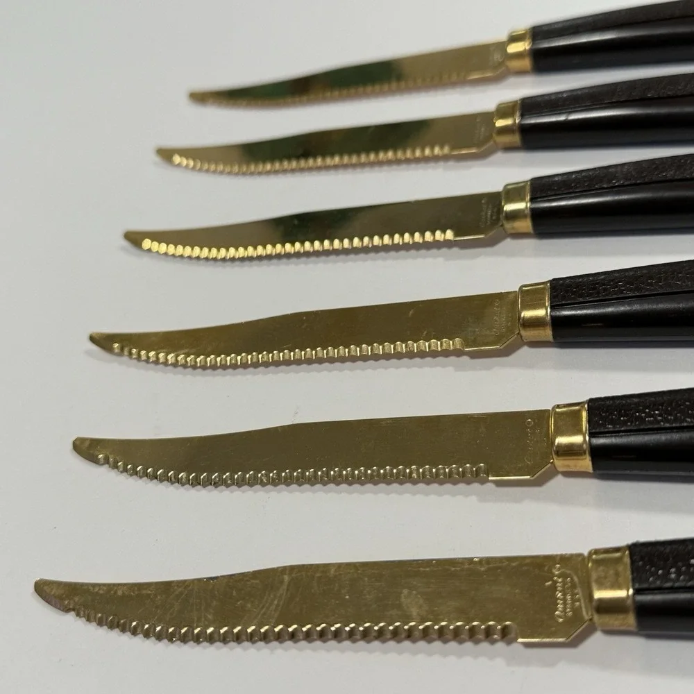 Quikut Gold Blade Faux Wood Handle Knives Set Of 6 Stainless USA